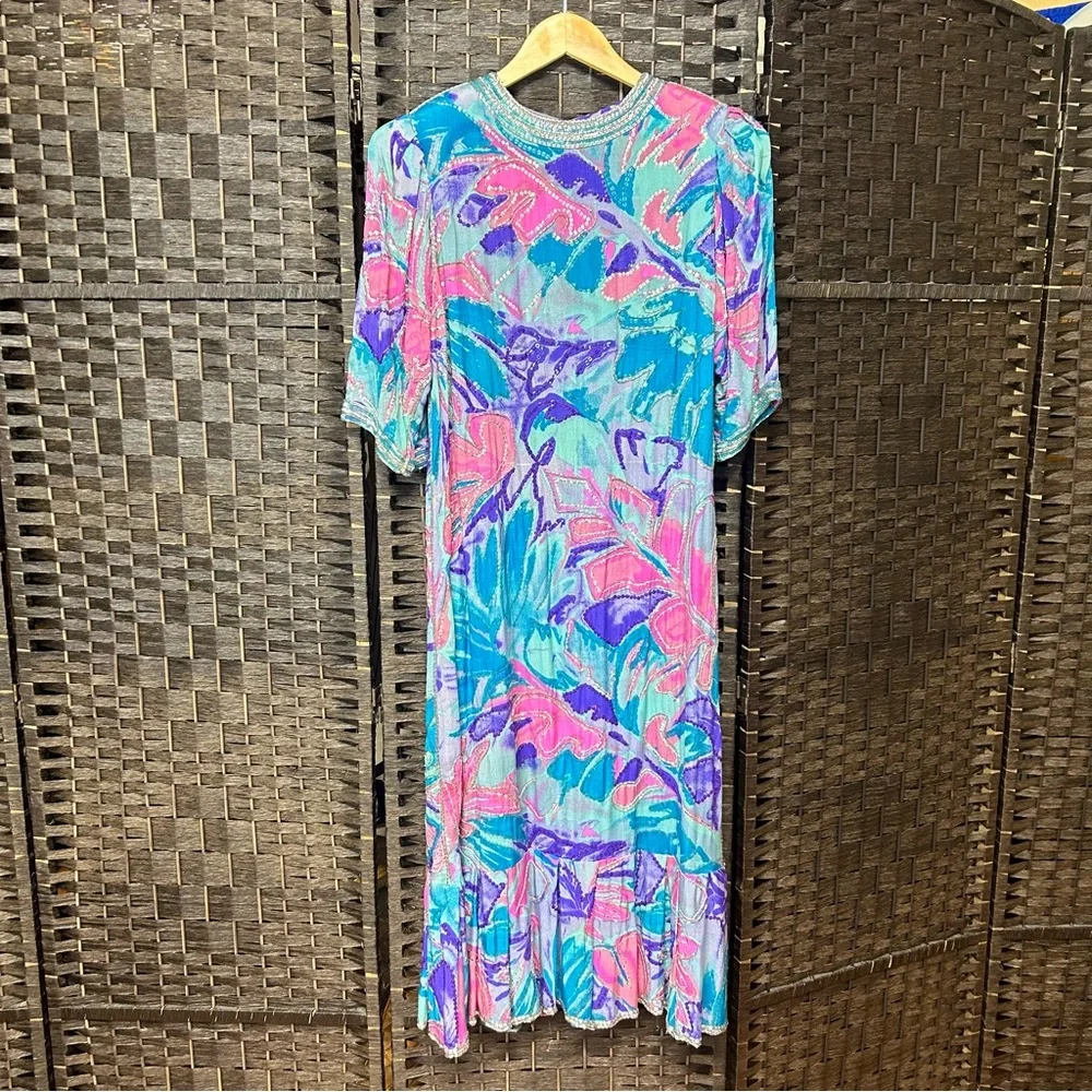Neiman Marcus vintage beaded midi maxi length colorful silk dress size medium